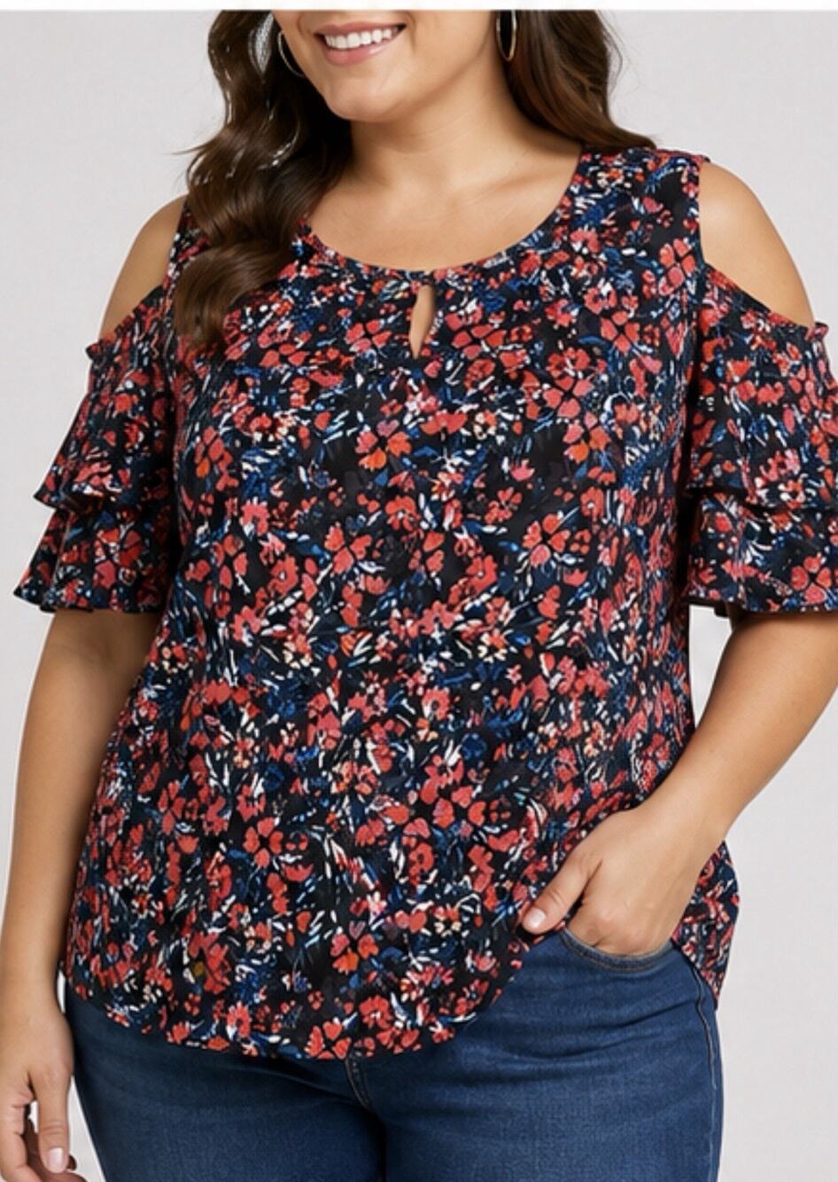 F&F Women’s Floral Cold Shoulder Blouse Black Red Blue Ruffle Sleeve Top 20
